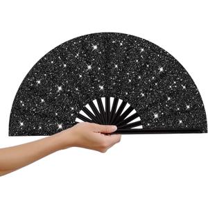 13'' Big Hand Fan Boots on The Ground Fan Clacking Fans for Line Dancing Where Them Fans at Clack Fan Folding Hand Fans for EDM, Festival,Club, Rave,Party, Dance Accessories (Glitter Black)