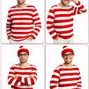 Helimoto Halloween Costumes, Red and White Striped Shirt, Cosplay Costumes Adult, Halloween Shirt with Glasses Frame and Hat (Red, XL)