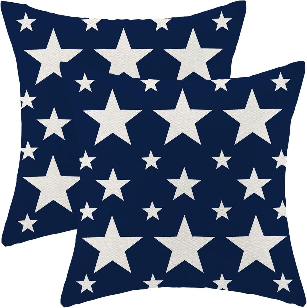 4th of July Pillow Covers 18x18 Inch Set of 2 Navy Blue Cream Patriotic Stars Outdoor Decor Throw Pillows Independence Day Memorial Day Farmhouse Decorative Cushion Cases for Couch Decorations
