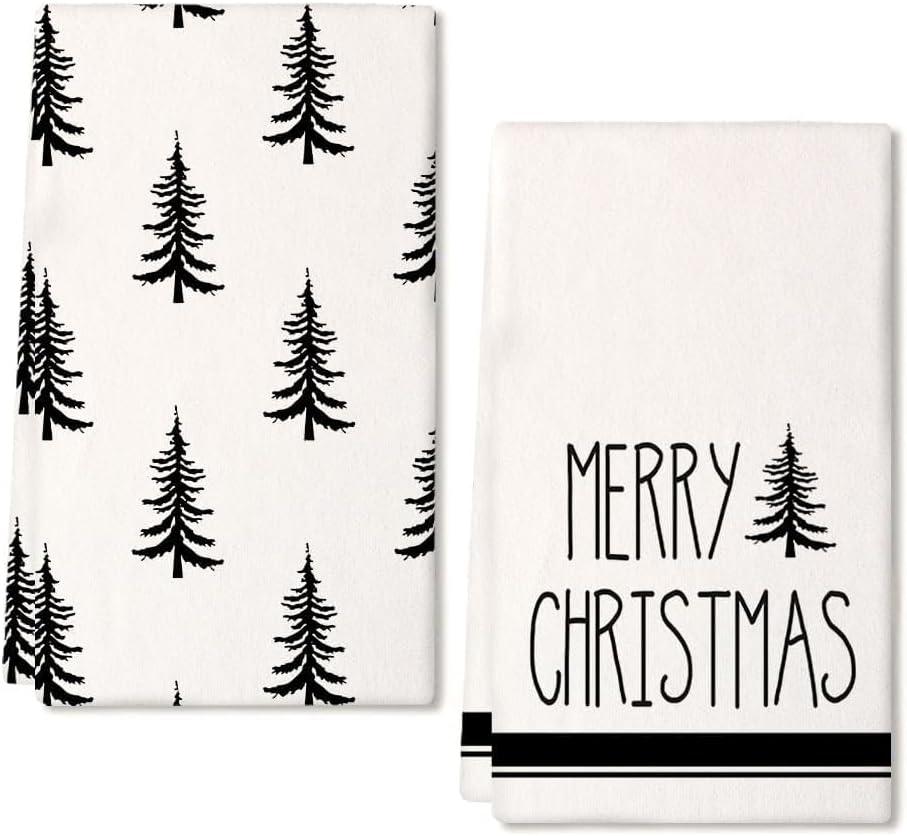 ARKENY Christmas Kitchen Towels Set of 2, Black Xmas Tree Dish Towels 18x26 Inch, Holiday Farmhouse Home Decoration AD101