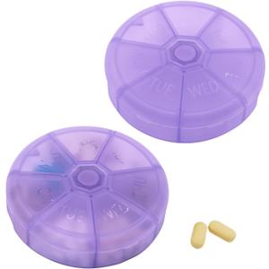 Portable Weekly Pill Organizer 7 Day Pills Container, Round Pill Case Travel Friendly, Daily Week Pill Reminder Case, BPA-Free Vitamin, Supplement, Fish Oil, Medication Planner (Purple)