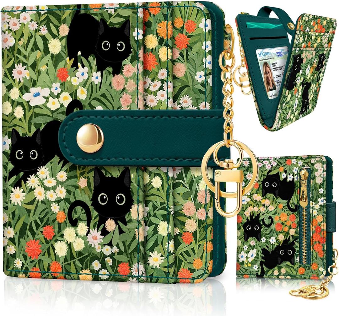 Black Cat Floral Rfid Women Wallet, Small Slim Thin Credit Card Wallet, PU Leather Bifold Cash Zipper Coin Pocket ID Window for Female Ladies Teen Girls Girly