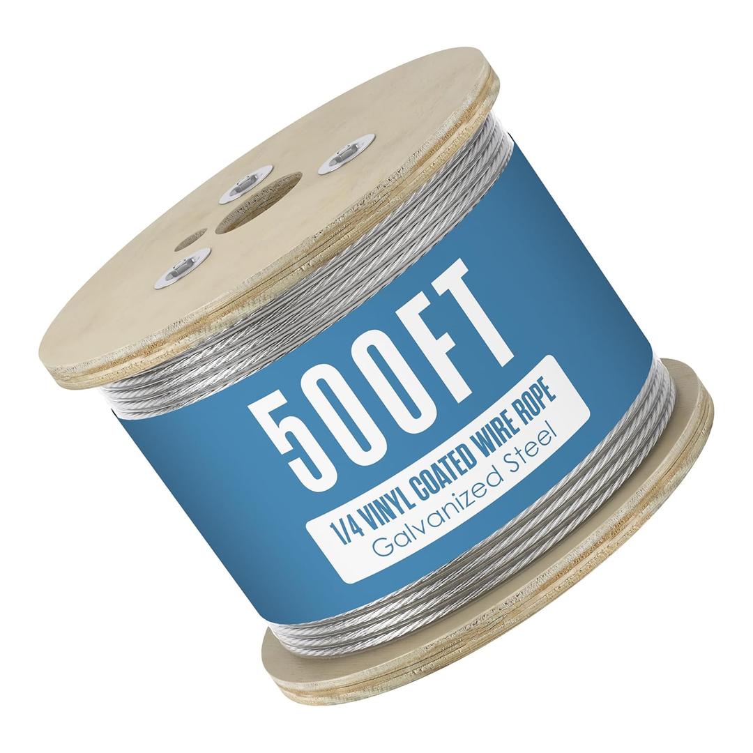Houseables 1/4 Cable, Wire Rope, 1/4" OD, 0.149" ID, 7x7 Braided, Coated Cable, Vinyl Coated Wire Rope, Clothes line, Clothesline, Aircraft, Tension, Galvanized Metal, Steel, Plastic Covered, 500 Feet 