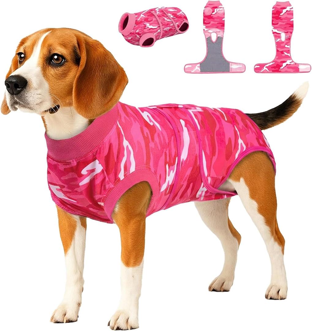 PetWarm Dog Recovery Suit, Anti-Licking Pet Surgical Recovery Onesies Suit Surgery Suit for Dogs, Professional Pet Recovery Shirt Dog Abdominal Wounds Bandages, Camouflage Pattern, Pink, L