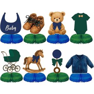 8 Pcs Tartan Plaid Style Bear Baby Shower Decorations Green Blue Bear Baby Shower Honeycomb Centerpieces 3D Table Decorations for Gender Reveal Birthday Party Supplies Table Centerpieces