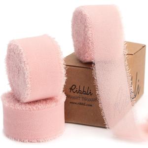 Ribbli Blush Pink Ribbon 1 Inch x 3 Rolls Total 24 Yards Pink Handmade Fringe Chiffon Silk Ribbon for Wrapping Wedding Invitations Bridal Bouquets DIY Crafts Home Decor