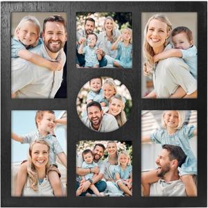 Picture Frame Collage for 4x6 and 4x4 Photos - 7 Openings Black Frame Wall Decor for Tabletop Stand and Wall Mounting - Home and Family Display