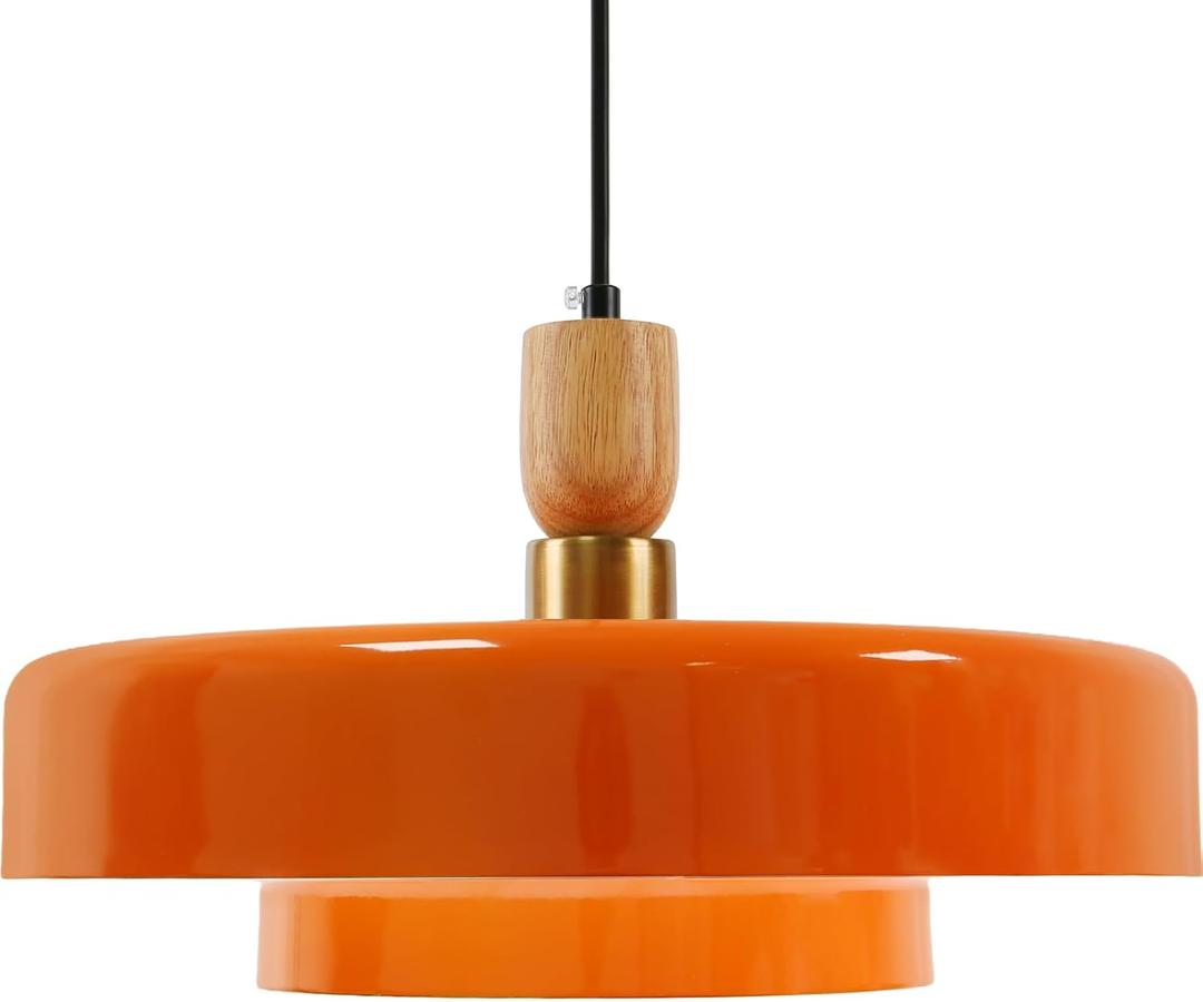 Orange Pendant Light Fixture with Wood Accent, Mid Century Modern Adjustable Height Hanging Ceiling Lamp, Farmhouse Pendant Lighting for Kitchen Island Dining Room