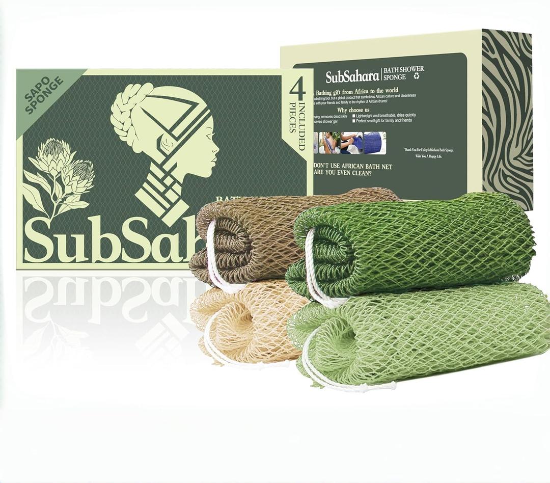 SubSahara Authentic African Net Sponge - 4 Pack Exfoliating Bath & Shower Loofah Sponge for Body & Face, Gentle Scrubber for All Skin Types, Travel, Durable (Brown,linen,olive Green,light Green)