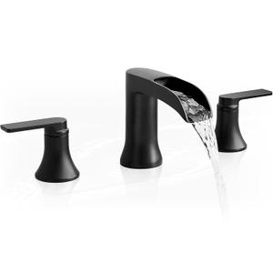 Solid Brass Waterfall Bathtub Faucets Set, 3 Hole Matte Black Tub Faucet 2 Handle, High Flow Roman Tub Faucets Widespread 6-16 Inch Deck Mount