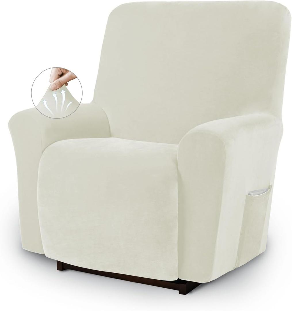 Asnomy Recliner Chair Covers Lazy Boy Recliner Covers with Pockets Stretch Velvet Couch Cover Slipcovers 1-Piece Furniture Protector for Dogs Cats(Recliner,Off-White)