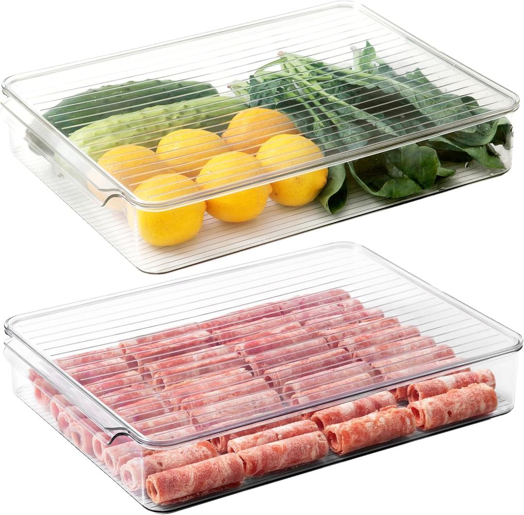 vacane 2 Pack Deli Meat Container for Fridge, Bacon Container with Lids for Refrigerator Fruit, Cold Cuts, Cheese Keeper Marinade Tray, Stackable Freezer Storage Containers