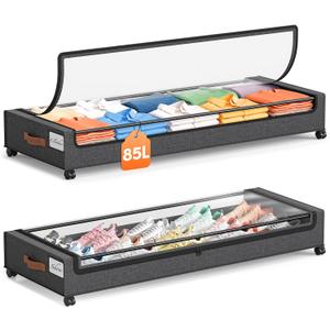 Yecaye Under Bed Storage with Wheels 2 Pack, 85L Extra Large Under Bed Storage Containers with Metal Frame & Clear Lid, Rolling Underbed Organizer Bins Drawers for Clothes, Shoes, Blankets, Hemp Grey