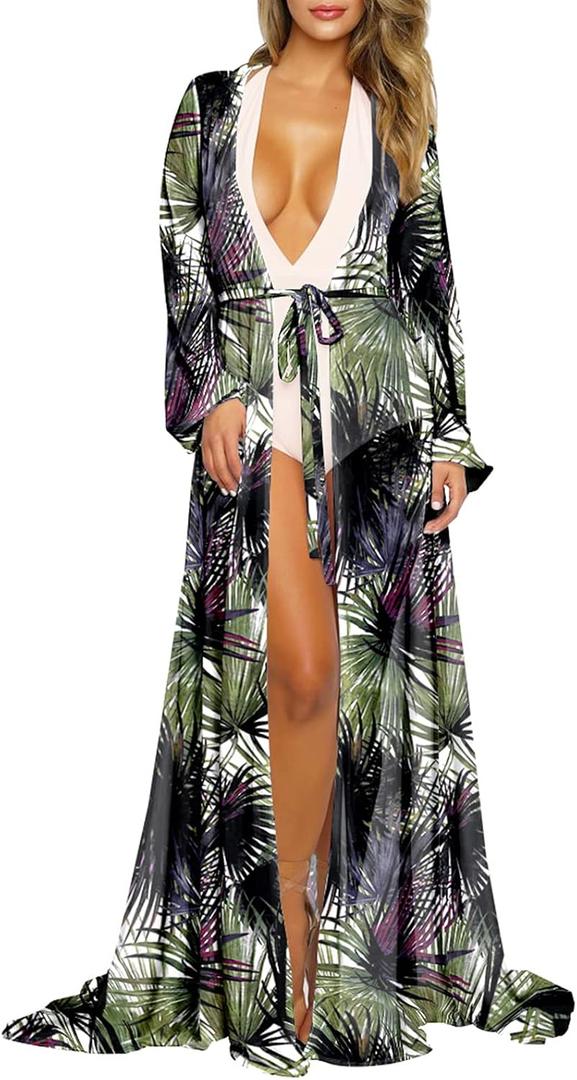 Pink Queen Women's Long Sleeve Flowy Maxi Swimsuit Tie Front Robe Cover Up (Large, Dark Green-tropical Print)