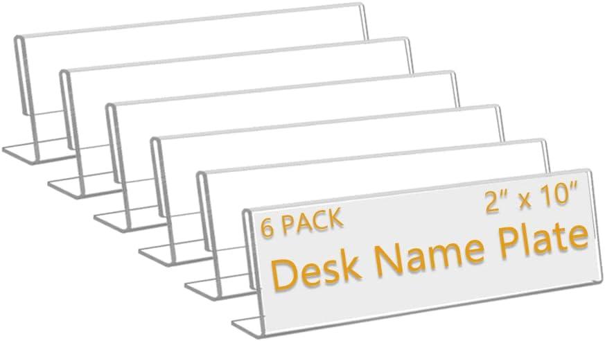 6 Pack 10" W x 2" H Acrylic Office Name Plates Name Labels for Desks, Horizontal Slant Back Clear Desk Sign Holder for Table Display