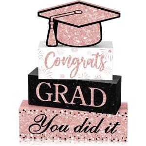 Cinnvoice 4 Pcs Graduation Table Decor 2026 Congrats Grad Centerpiece Class of 2026 Wood Sign Graduation Tiered Tray Decor Farmhouse Congratulate Gifts for Home Shelf Party Decorations(Pink Black)