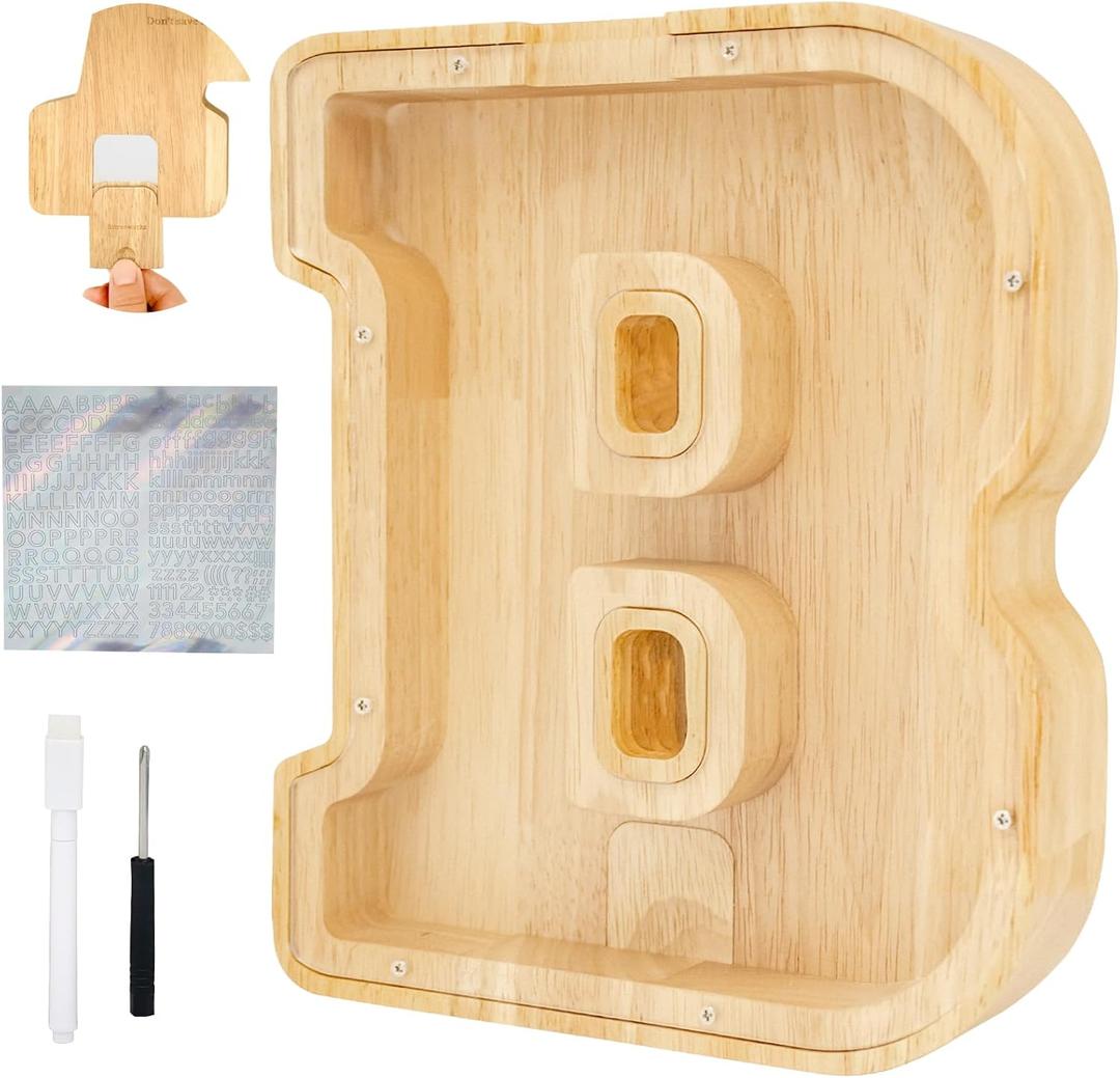 Letter Piggy Bank, Personalized Wooden Coin Banks, Large Wood Money Peny Bank for Adults (9", Alphabet B)