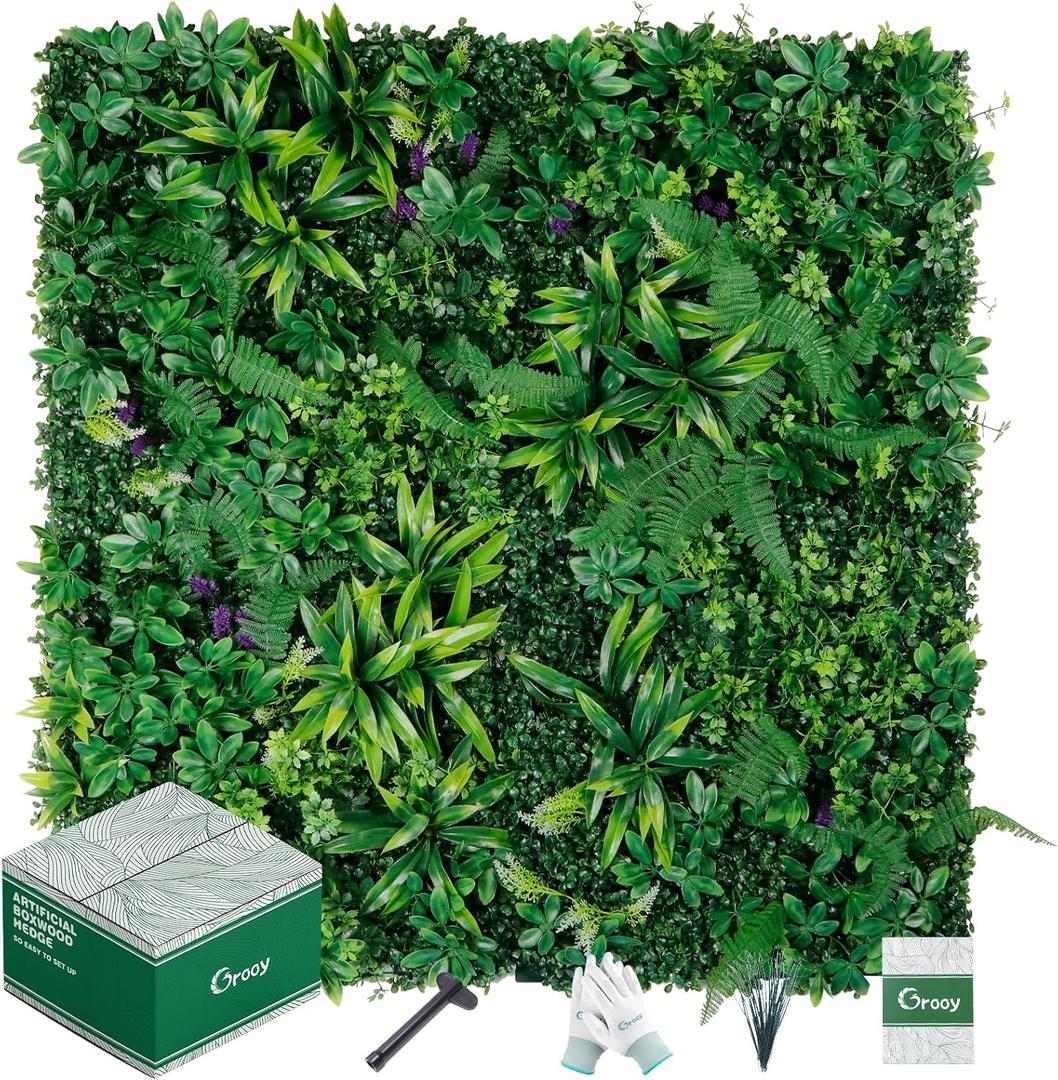 Grooy Artificial Boxwood Panels, 12pcs Grass Wall Panels 20"x20"(33.33sq.ft), Privacy Hedge Fence Screen with UV Protection, Fake Greenery Backdrop for Indoor Wedding and Outdoor Garden Backyard