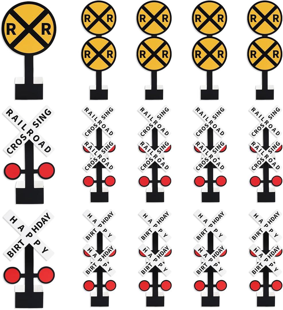 24Pcs Railroad Crossing Sign Table Centerpieces Train Birthday Party Decorations Railroad Happy Birthday Sign Table Toppers for Train Theme Birthdays Party Baby Shower Photo Booth Prop Supplies