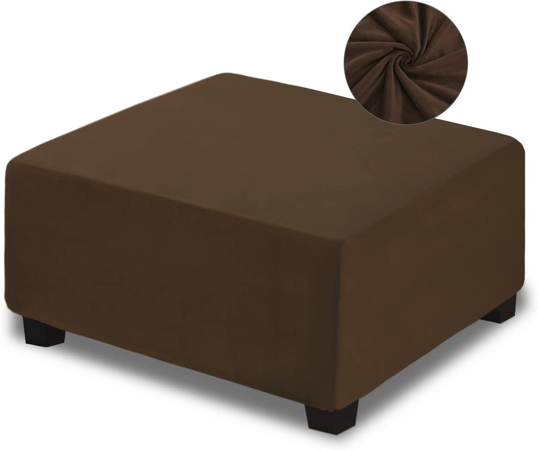 NeColorLife Velvet Square Ottoman Cover, Stretchable Footrest Stool Slipcover with Elastic Band for Rectangle and Square Storage Ottoman(Large,Brown) (L Length: 35"-45",Width: 31"-43")