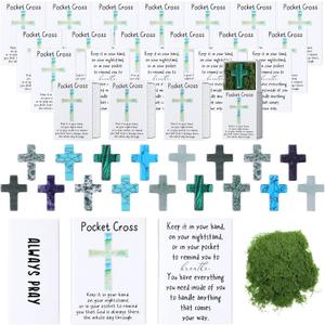 20 Set Pocket Hug Token Gifts Natural Cross Shaped Crystal Stones Pocket Prayer Box Mini Jesus Figurines in Bulk Church Favor for Adults Men