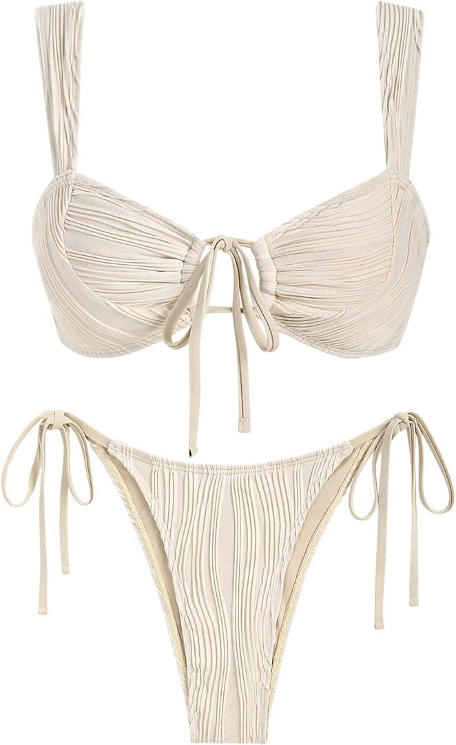 seamoly Bikini Sets for Women Ribbed Cutout Swimsuit Cheeky High Cut Side Tie Thong Bathing Suit Tie Back Swim Suits