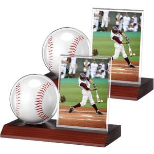 2 Sets Wood Baseball Display Case and Card Holder Baseball Holder Display Case for Ball and Card with Wood Base Showcase for Memorabilia Showcase