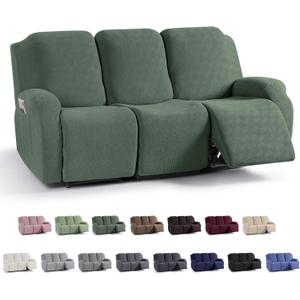 KinCam Recliner Covers, Stretch Reclining Chair Covers, Recliner Sofa Slipcovers Stripe Jacquard Recliner Couch Covers Furniture Protector Covers for Pet Kid (3 Seater, Greyish Green)