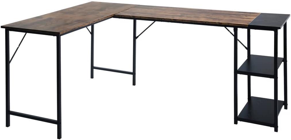 FurnitureR 66'' L-Shaped Corner Storage Shelf Space-Saving Gaming Labtop Table for Home Office PC Workstation Study Room Computer Desk, Brown and Black