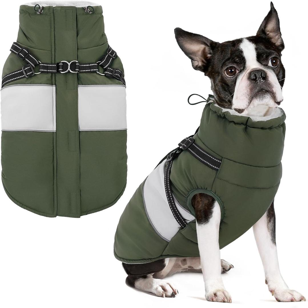 Small Dog Coat with Harness Built in, Warm Dog Jacket Winter with Zipper On Back, Waterproof Pet Snow Jacket Snowsuit Pet Sweater Clothes for Puppy, Army Green XS