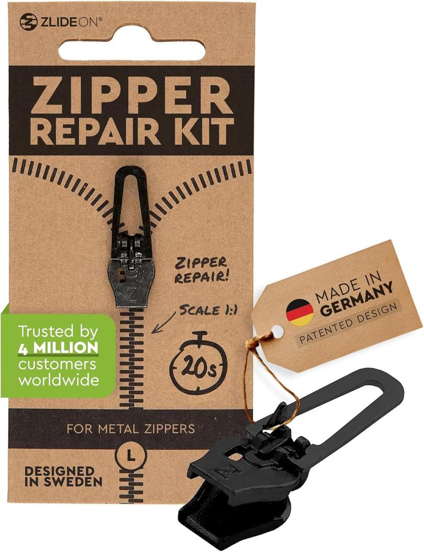 Zlideon Zipper Repair Kit for Metal Zippers - 1pcs, Black (L/5) | Instant Zipper Pull Replacement Slider for Denim, Jeans, Jacket, Boots, Winter Coats, Handbags | Easy to Install | Made in Germany