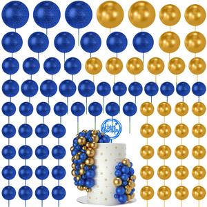 NACHLYNN 80 Pcs Cake Balls Decorations Mini Balloon Cake Topper Balls Foam Cupcake Toppers Balls for Cake Decorating Birthday Parties Weddings Anniversary (Glitter Royal Blue Gold)