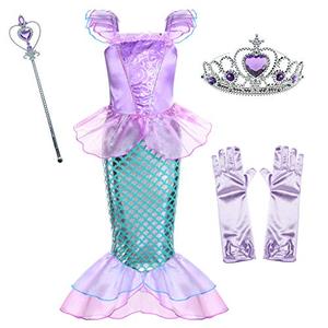 Little Girls Mermaid Princess Costume for Girls Dress Up Party with Gloves,Crown Mace 3T 4T