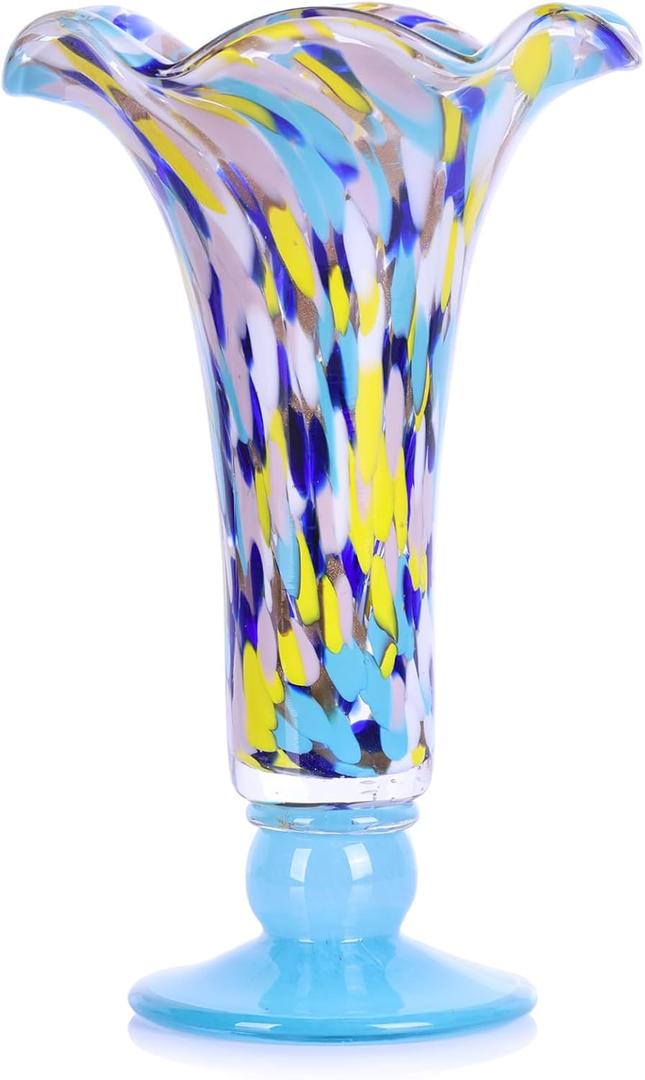 11.2'' H Hand Blown Glass Vase for Flowers, Blue Glass Home Decor for Centerpieces, Blue Wide Mouth Vase for Table, Beautiful Colorful Decor for Bathroom, Unique Gift for Her Friends