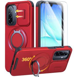 JAME for Samsung Galaxy A17/A16 5G Case, Ring Holder Stand, Slide Camera Cover, 2 Pack Screen Protectors, Dual-Layer Shockproof Protective, Magnetic Accessory Friendly Galaxy A16/A17 4G Case, Red