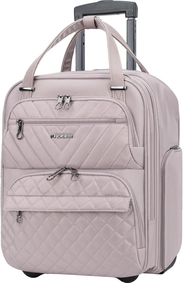 KROSER Carry On Underseat Multi-functional, 16-inch Underseater Lightweight Overnight Suitcase for Women, Dusty Pink