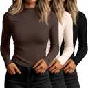 Huukeay 3 Pack Women's Ribbed Mock Turtleneck Shirts Cotton Long Sleeve Tops Lettuce Trim Slim Fit Soft Tees for Layering (X-Large, Black, Brown, Cream White)