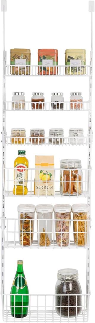Smart Design Over The Door Pantry Organizer Rack with 6 Adjustable Shelves - Steel Metal Wire Baskets and Frame - Hanging - Wall Mountable - Cans, Spice, Storage, Closet, Bathroom, Kitchen - White