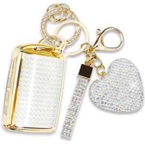Key Fob Cover with Diamond Keychain, Car Key Shell for Women, Compatible with 2019-2022 Mazda 3 Hatchback 2020-2022 CX-5, CX-30, CX-10 (3 Buttons-Gold Heart)