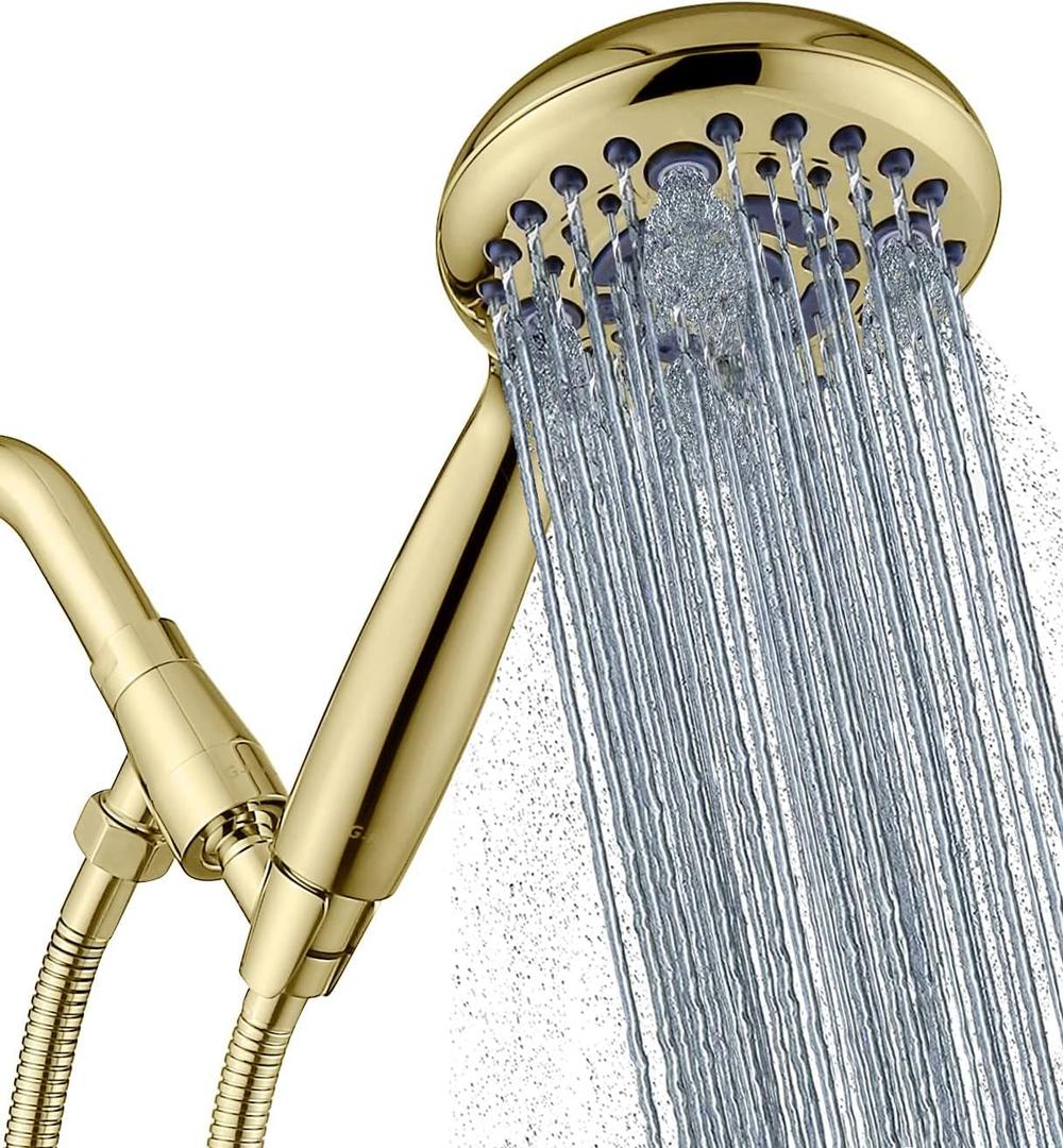 G-Promise Handheld Shower Head High Pressure 6 Spray Settings, Detachable Hand Held Showerhead 4.9 Inch Face with Extra Long Flexible Hose and Metal Adjustable Bracket (Polished Brass)