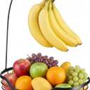 Banana Holder - Fruit Basket with Banana Hook - Banana Hanger with Bamboo Base - Metal Banana Stand for Kitchen Counter (Black)