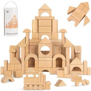 Pidoko Kids 100pcs Natural Beech Wood Building Blocks for Toddlers 1-3, Wooden Blocks with Storage Bucket and Shape Sorter Lid Montessori Toys for 1 2 3 Year Old Boys and Girls, Preschool Learning