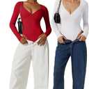 QINSEN White Long Sleeve Bodysuit for Women V Neck Seam Cup Body Suits Double Lined Stretch Shirts Tops (White, L)