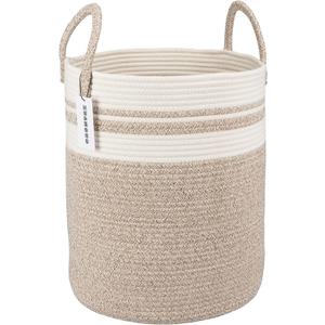 XUANGUO Cotton Rope Laundry Basket Hamper for Clothes Woven Storage Basket for Living Room Bedroom Boho Tall Rope Baskets for Blanket Toys Pillow Towels Baby Nursery Hamper Bin Large brown and white, Regular