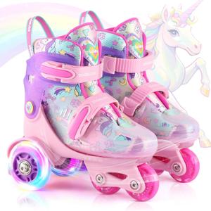Kids Roller Skates for Beginners - ZOOBLISS Toddler Roller Skates for Boys and Girls Ages 3-7 with Light-Up Wheels & 4 Adjustable Sizes, Tri-Wheel Training Skates for Kids (S-Small(11C-1Y US), Unicorn Rainbow)