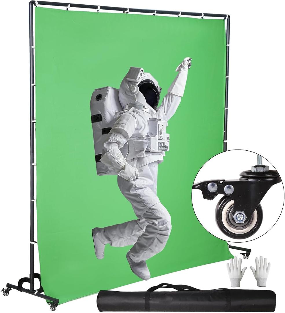 7*6.5FT Green Screen Backdrop with Wheels,Chromakey Green Photography Polyester Background Studio Portable Movable Backdrop Support Stand with Pulley for Streaming,Video Gaming,Zoom Meeting