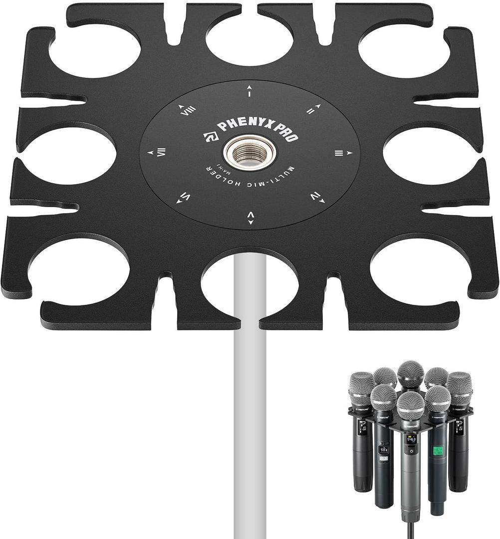 Phenyx Pro MA-H1 8-Slot Multi-Microphone Holder, Wired & Wireless Handheld Microphone Organizer and Display, Mics Storage Hanger, Compatible with 3/8" to 5/8" Threaded Mic Stands, PC Material (Black)