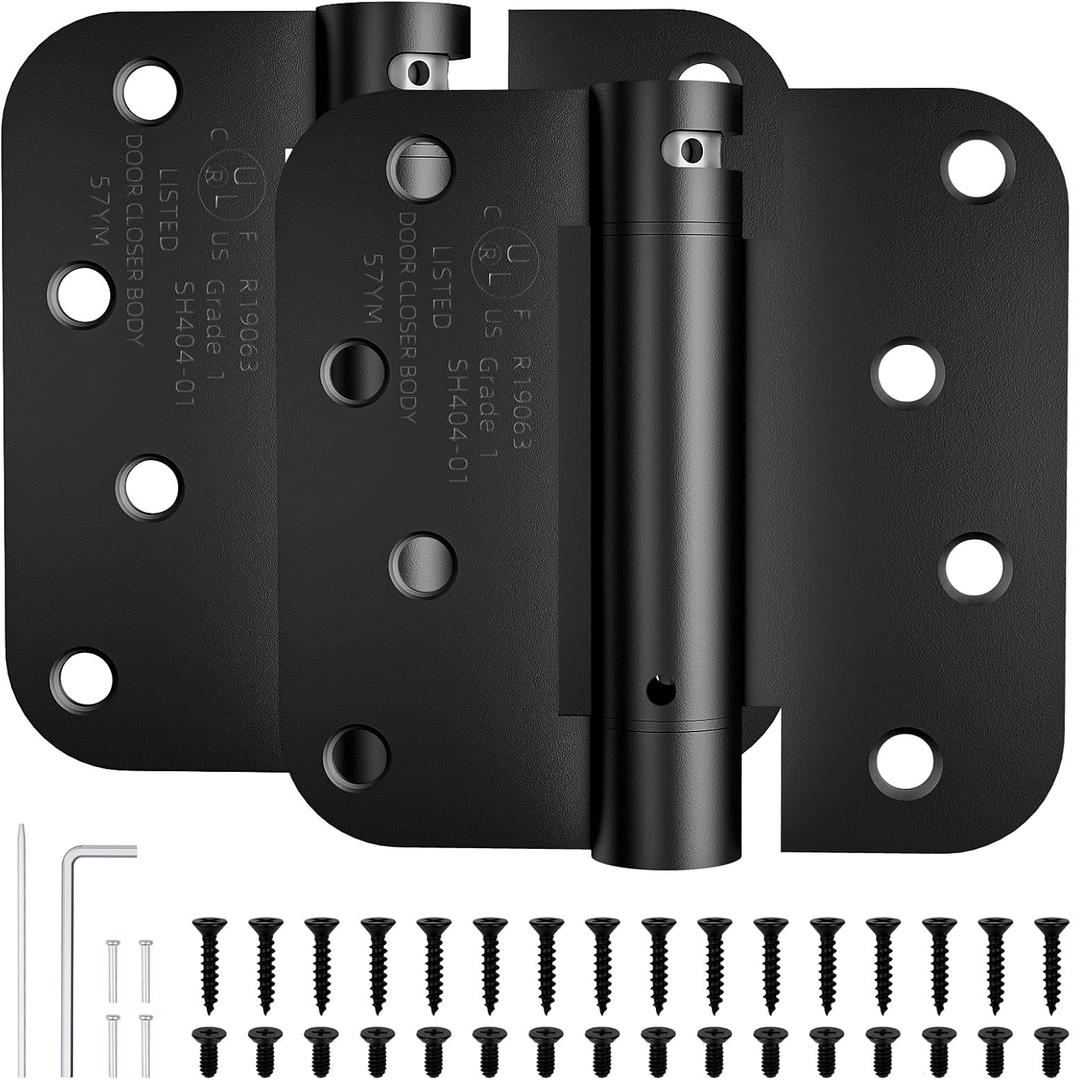 4 Inch Self Closing Door Hinges, 5/8" Radius Corners Spring Loaded Hings for Exterior, Garage, Front and Back Door, UL Listed, for Left and Right Hand Door, Matte Black, 2 Pack