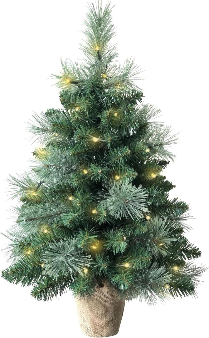 2ft Pre-lit Mini Artificial Christmas Tree,68 PVC Branches Tips & 17 Flowering Pine Needles & LED String Lights & Burlap Wrapped Base,Battery Operated Green Xmas Tree for Tabletop