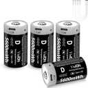 Rechargeable D Batteries 1.5V 5600mWh Lithium-ion Batteries with 4 in 1 USB-C Charging Cable, D Li-ion Batteries 1000 Cycles for Flashlight, Water Heater, Gas Stove (4 Pack)